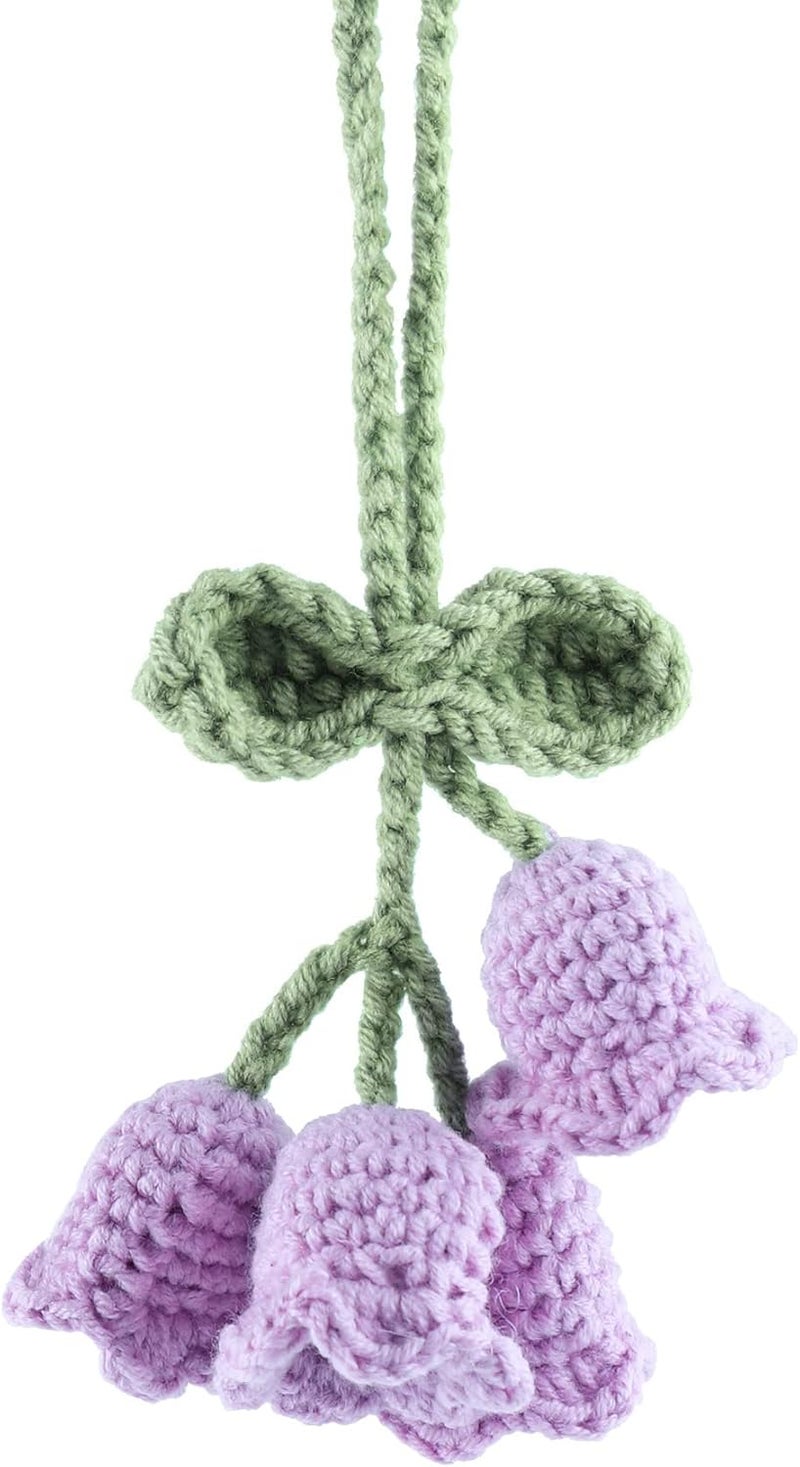 Decorbea Store Mirror Hanging Car Accessories Cute Little Lily of The Valley, Hand Knitted Crochet Flower Decor for Mirror, Rear View Mirrors,Key Chains (Purple) - Image 1